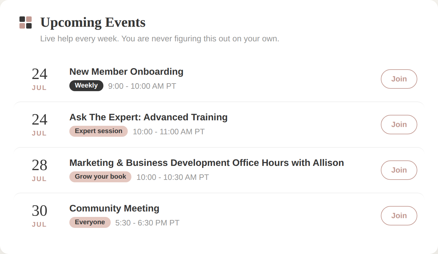 Weekly live calls in the Five Square Nurse Community